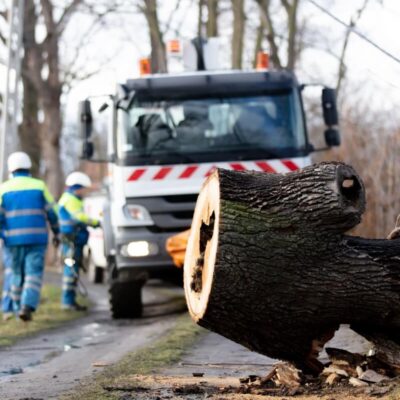Wycinka drzewa po wypadku na drodze z udziałem służb miejskich.